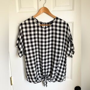 Madewell Black & White Gingham Checker Tie Front Button-Back Short Sleeve Blouse